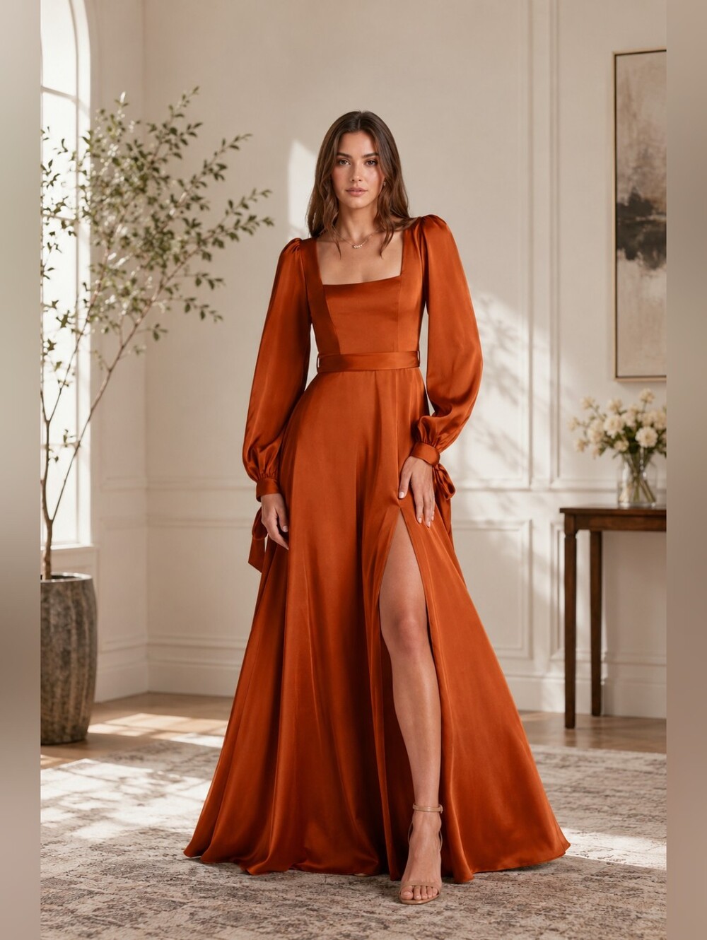 Azazie Rust Satin Square‎ Neck Long Sleeve Formal Gown Dress A0